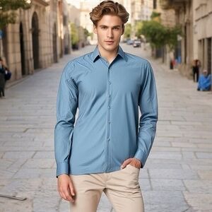 HUGO BOSS Dusty Blue Cotton Slim Fit Button Front Long Sleeve Dress Shirt 16.5